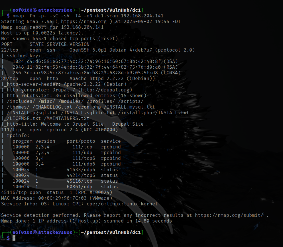Vulnhub DC1 nmap scan results