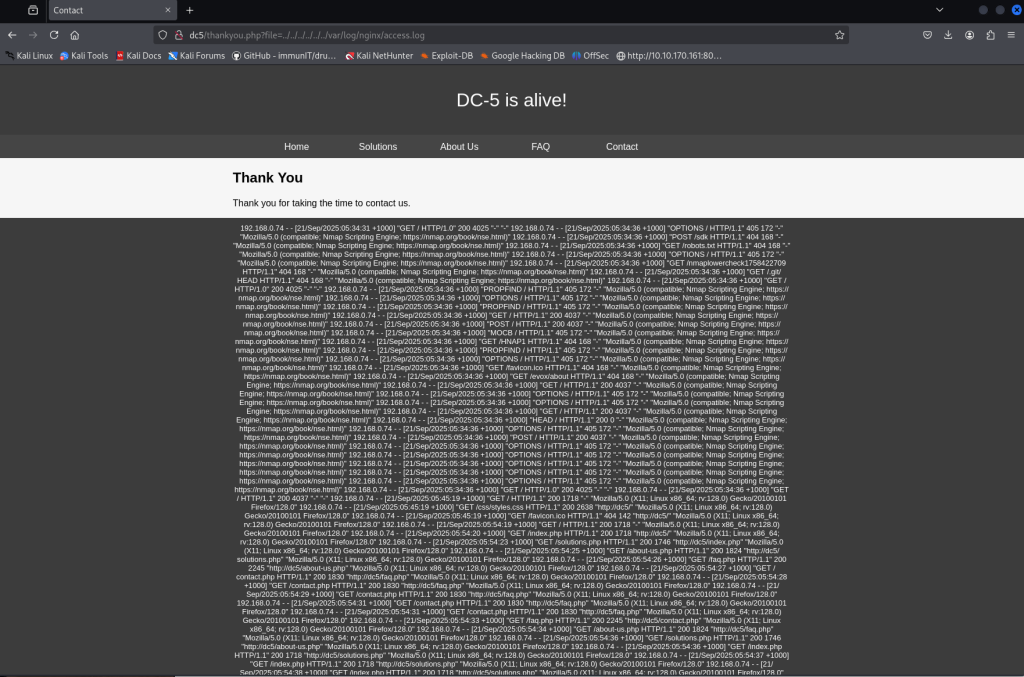 DC5 Walkthrough /thankyou.php LFI nginx log file /var/log/nginx/access.log
