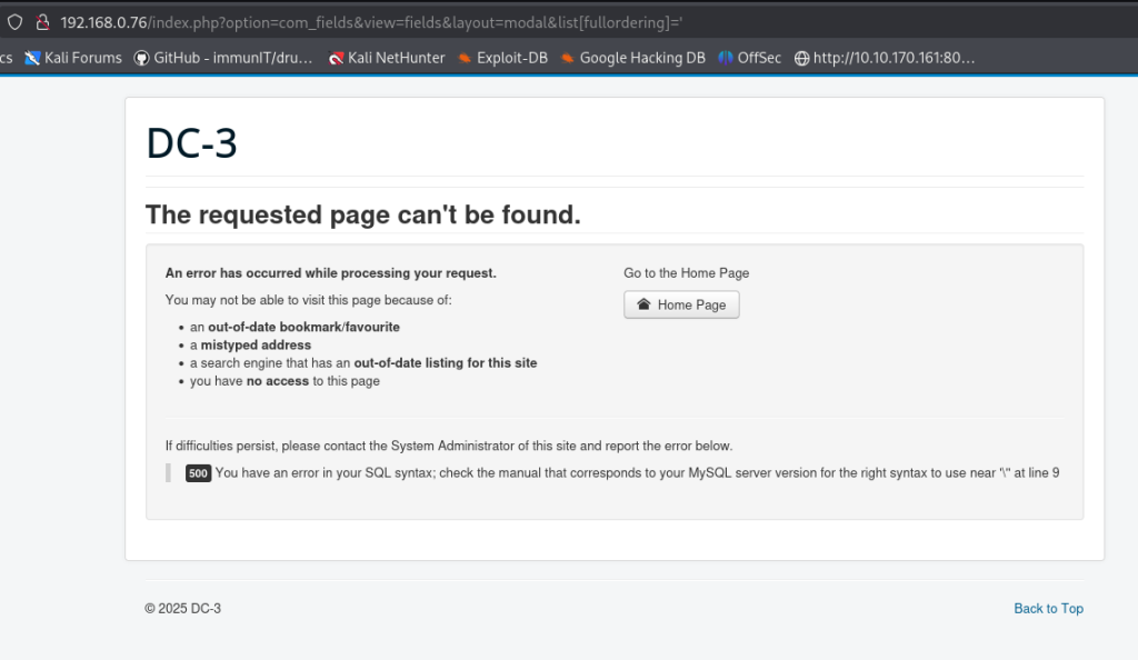 Vulnhub dc3 dc3.2 walkthrough write-up Joomla 3.7 sql injection url error