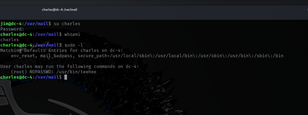 DC4 walkthrough user charles sudo privileges sudo -l
