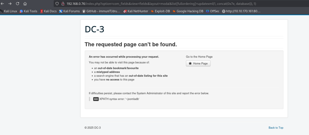 Vulnhub dc3 dc3.2 walkthrough write-up Joomla 3.7 sql injection url error based