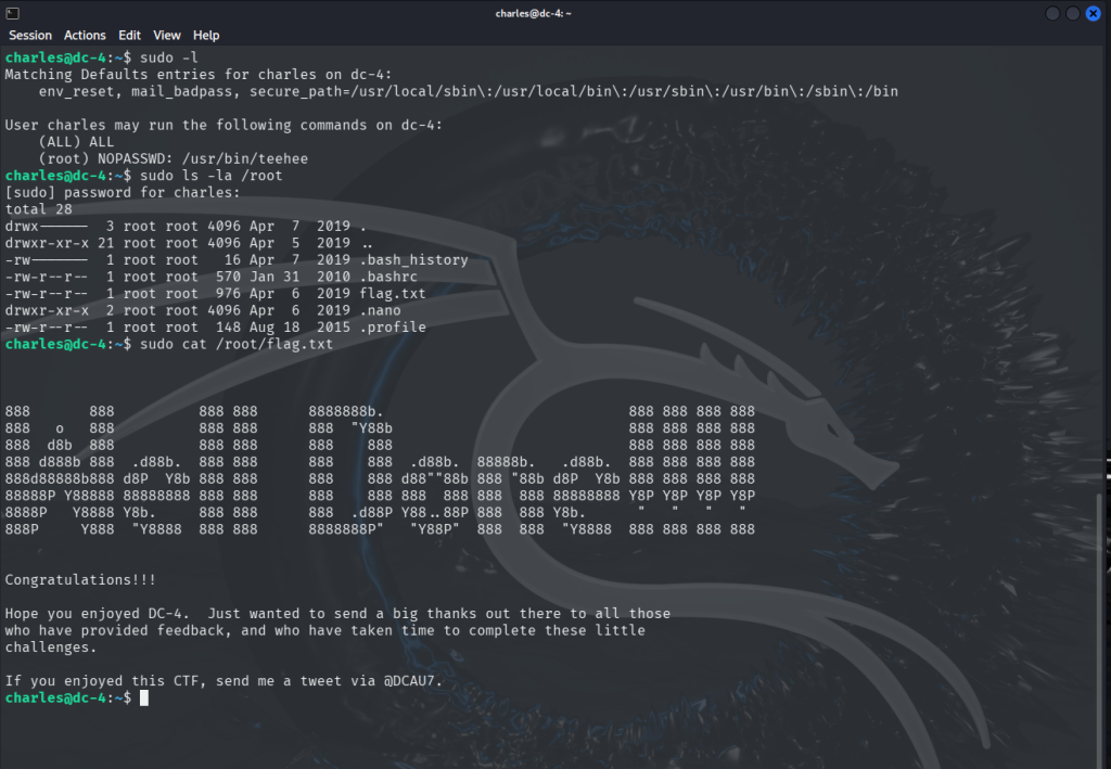 DC4 reading /root/flag.txt Game Over!