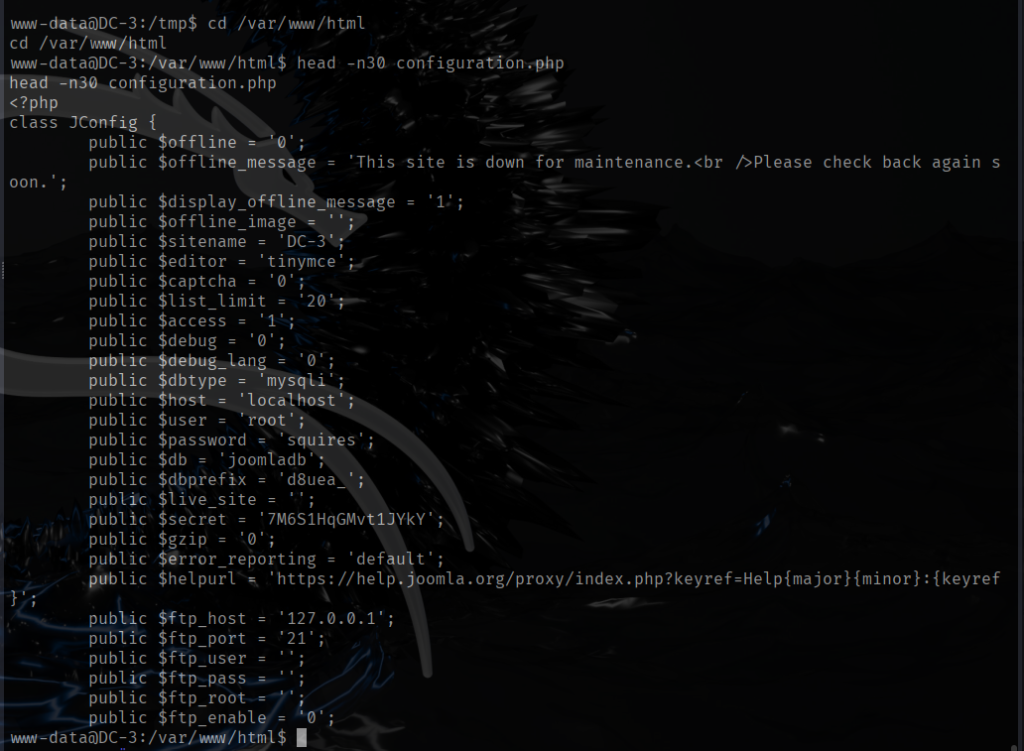 DC3 write-up walkthrough Joomla 3.7.0 configuration.php credentials settings