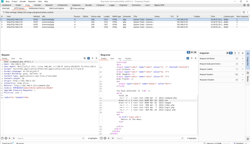 DC4 Walkthrough Burpsuite Intercepting /command.php request/response