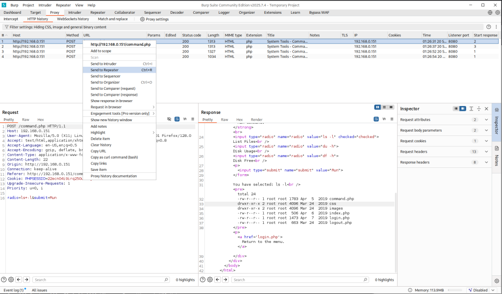 DC4 Walkthrough Burpsuite Send to Repeater