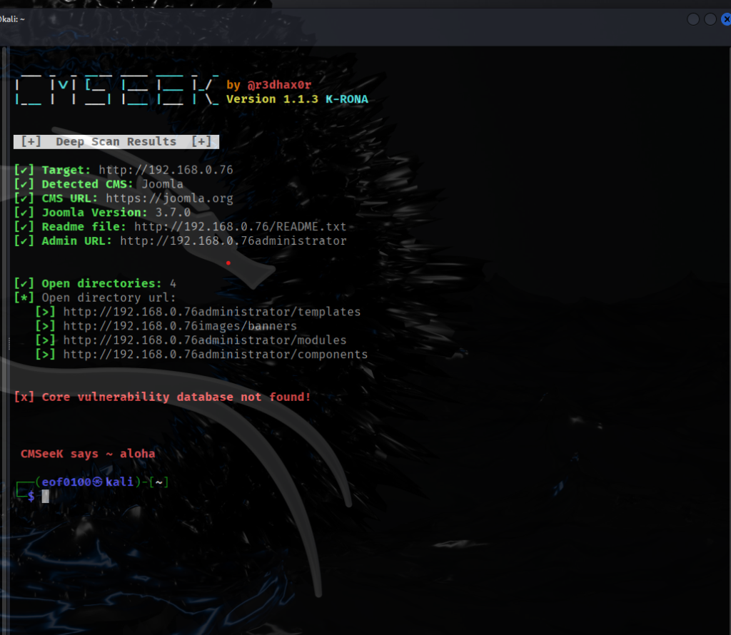 Vulnhub dc3.2 dc3 write-up walkthrough Joomla version enumeration 