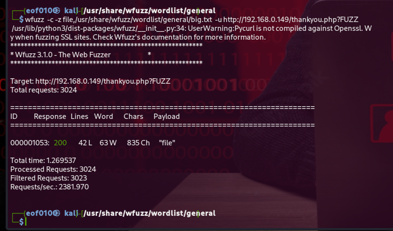 DC5 wfuzz /thankyou.php?FUZZ in action