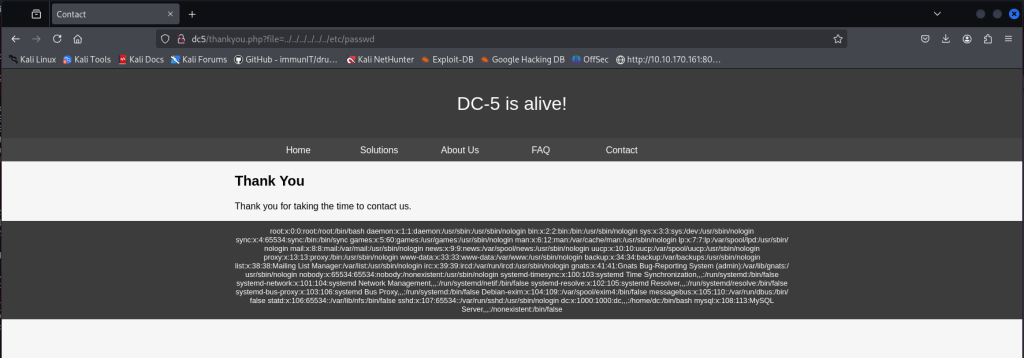 DC5 Walkthrough /thankyou.php?file Local File Intrusion vulnerability